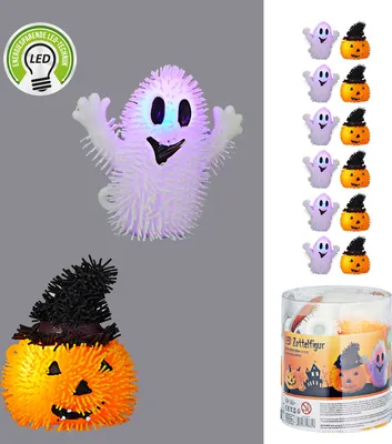 Produktbild von 12 Halloween LED Zottelfiguren Kürbis Gespenst bunt ca. 8cm Batteriebetrieben