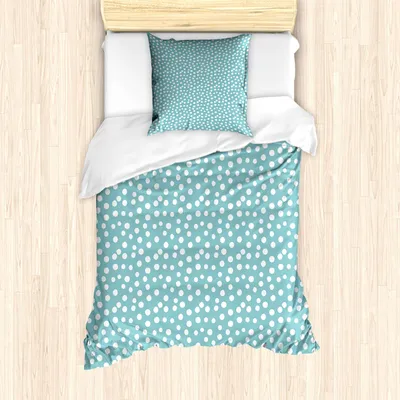 Immagine prodotto di ABAKUHAUS Set copripiumino turchese, stile retrò anni '60 e '50, stampa artistica romantica con pois geometrici, 135 x 200 cm + 80 x 80 cm, bianco e azzurro pallido