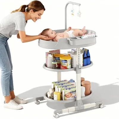 Imagen del producto de Mesa cambiadora para bebé, cómoda cambiadora para bebé, mesa cambiadora para bebé móvil con altura ajustable y espacio de almacenamiento, cambiador portátil con ruedas y superficie para cambiar pañales para recién nacidos (gris)