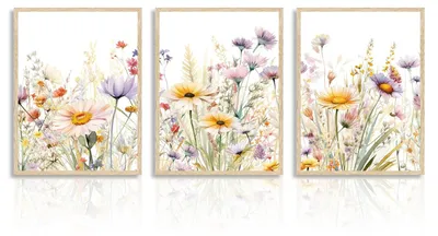 3er-Set Wildblumen-Poster, Aquarell, 30x40 cm, ungerahmt