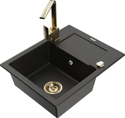 Produktbild von Mexen Enzo 1 Becken-Granitspüle mit Abtropffläche und Mischbatterie Rita, Schwarz/Gold metallisch - 6506-75-670300-50