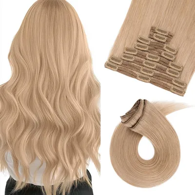 Obrázek produktu pro Clip-in prodlužovací vlasy, přírodní vlasy, 35 cm, tmavě blond, 120 g, 8 pramenů, dvojitě Remy