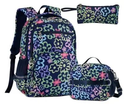 Productafbeelding van Schooltas voor meisjes, 3-delige set, bloemenprint, donkerblauw