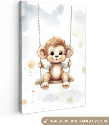 Produktbild von MuchoWow® - Leinwandbilder - Affe - Tier - Kinder, Wandbild, Wanddeko Bilder Wohnzimmer, 60x90 cm