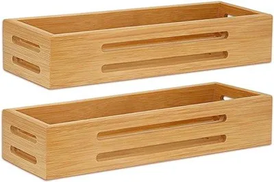 Produktbild von Unyqoos® Bambus-Gewürzregal für Schublade – Gewürzhalter 45 mm Tiefe × 70 mm Breite, natur lackiert, selbstklebend oder Bohrmontage