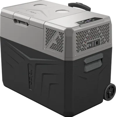 A grey and black portable electric cooler with wheels.