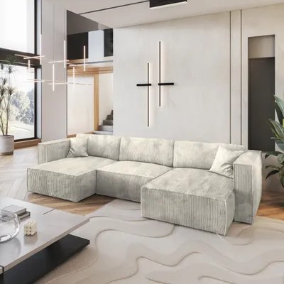 Produktbild von Masseno Ecksofa SARMO P mit Schlaffunktion U-Form, Sofa mit Bettkasten, Wohnzimmersofa, Couch, Soffa, Bettsofa, Couchgarnitur- Creme, POSO 100