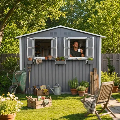Image de Abri de jardin en métal de 4,33 m² en tôle d'acier galvanisée, avec toit en appentis, double porte, 2 fenêtres et étagère à fleurs, sans socle, gris