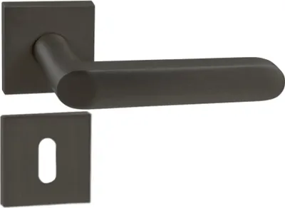 A black door handle set with a square rosette and a keyhole plate, presented on a white background.