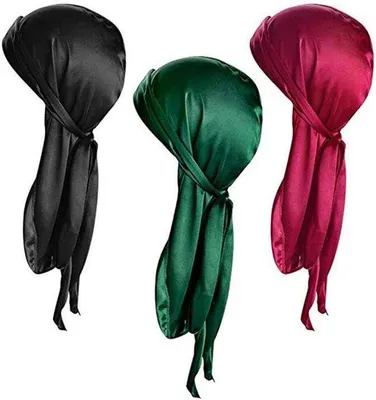 Produktbild von Set aus 3 langen Bandanas in Schwarz, Smaragdgrün und Weinrot - Für Männer, Frauen und Hip-Hop-Stil - Satin-Durags 100 cm - Tägliche Dekoration