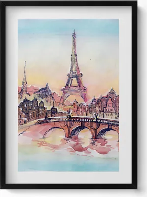 Produktbild von Gemalte Ansicht von Paris– Wandbild mit Rahmen – Gerahmtes Bild  – Wanddekoration – 50x70 cm –  Schwarz Rahmen