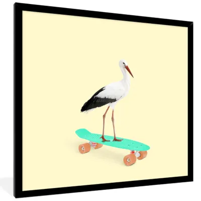 Produktbild von MuchoWow® Gerahmtes Poster Storch - Weiß - Tiere - Skateboard - Schwarz 40x40 cm - Poster mit Schwarzem Bilderrahmen Wandposter Rahmen Foto Bilder - Mit Rahmen - Wanddekoration Schlafzimmer