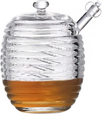Produktbild von Glas-Honingbehälter mit Dipper 20 ml, glasiert, gestreift, Deckel, für Honig und Sirup, Küchenbehälter