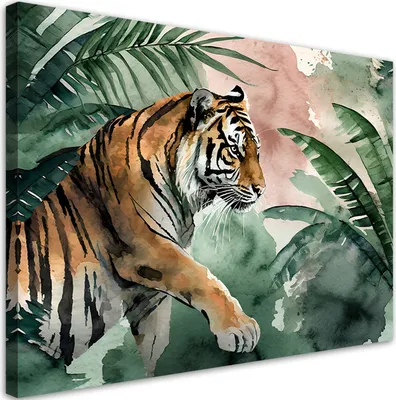 Produktbild von Leinwandbild tropischer Dschungel Tiger 90x60 Feeby Grün bild für die wand bereit zum aufhängen