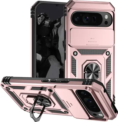 Immagine prodotto di Custodia per Google Pixel 10 Pro a doppio strato con copertura scorrevole della fotocamera e supporto ad anello Rosa