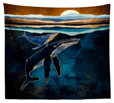 Produktbild von Wandteppich mit Naturlandschaft, abstraktem Wal und Sonnenuntergang, Digitaldruck, 180 x 230 cm