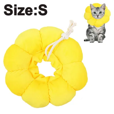 A yellow sunflower-shaped pet recovery collar is shown, with a small inset image of a cat wearing the collar.
