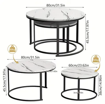 Produktbild von Couchtisch - Beistelltisch - Wohnzimmertisch - Couchtisch - Tisch - Set aus 2 runden Couchtischen - Weiß, Marmoroptik