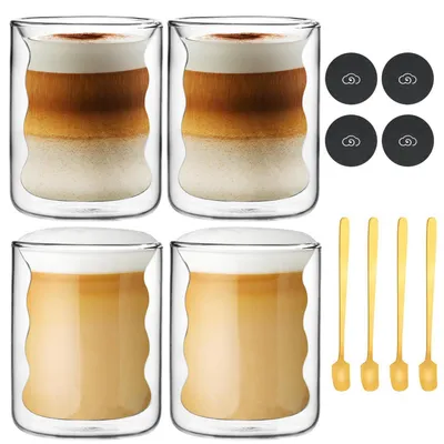 Produktbild von Doppelwandige Kaffeegläser mit Löffel & Untersetzer, 200ml, Spiraldesign, Borosilikatglas, 2er Set