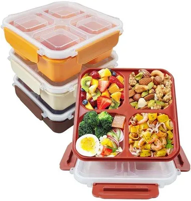 Image de Boîtes à goûter pratiques et réutilisables - 4 compartiments - idéales pour le déjeuner et les repas - lot de 4