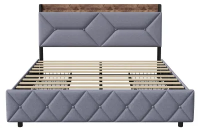 Image de Lit coffre 160x200 cm - Lit double avec rangement - 4 tiroirs - Tête de lit avec compartiment coulissant et port USB - Sommier à lattes - Capacité de charge jusqu'à 450 kg - Gris