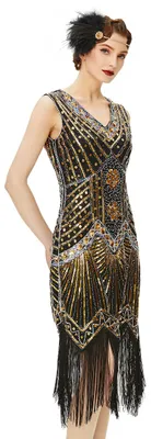 Productafbeelding van BABEYOND Dames flapperjurk, bedekt met pailletten, retro stijl uit de jaren '20, met V-hals
