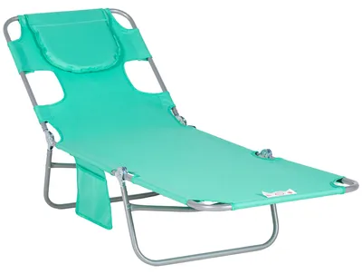 Image de Chaise longue de jardin pliable avec ouverture au niveau du visage, réglable en 5 positions, 185 x 55 x 29 cm, verte, rembourrée, poche latérale, structure en métal