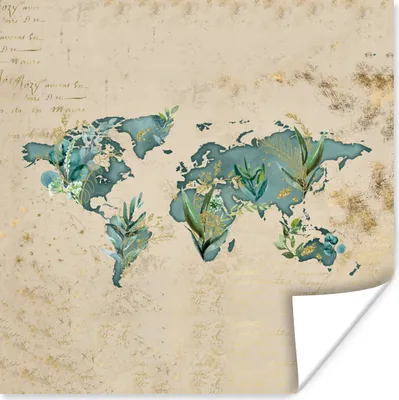 Produktbild von MuchoWow® Poster Weltkarte - Vintage - Pflanzen 75x75 cm - Wand Dekoration