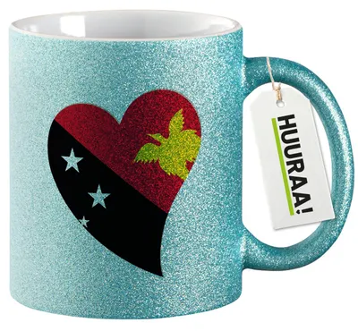Produktbild von Huuraa Glitzertasse Papua-Neuguinea Flagge Herz 330ml Blau Keramik Kaffeebecher Geschenkidee