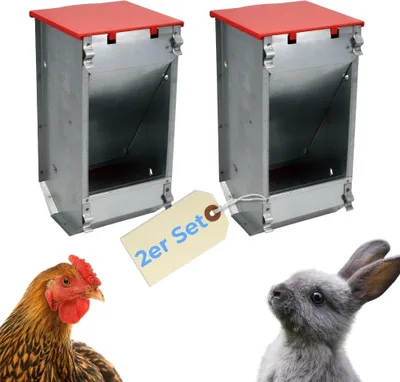 Produktbild von 2er Set Hühner Futterautomat Futterspender Hühnerstall Kaninchen Futterautomat Geflügel Futterspender Futtertrog mit Deckel Futterspender Metall Kaninchenstall