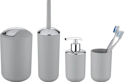 Produktbild von WENKO Bad-Accessoire-Set Mod. Brasil Grau, 4 tlg., Seifenspender, WC-Garnitur, Zahnputzbecher, Kosmetikeimer