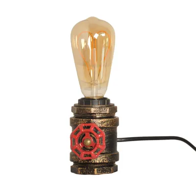 Produktbild von ROBINET Tischlampe E27 im Retro Industrial Stil, Rohrdesign mit rotem Ventil, kompakte Vintage Lampe für Schreibtisch Schlafzimmer Bar