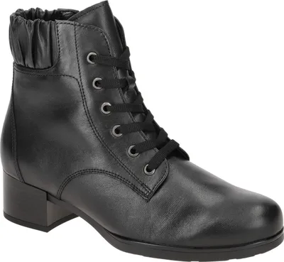 A black leather boot is shown from a side-angle against a white background.