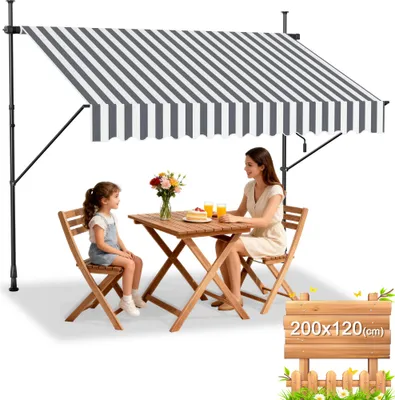 Produktbild von UISEBRT Klemmmarkise Balkonmarkise mit Handkurbel Einziehbar Manuell Sonnenschutz UV-beständig ohne Bohren Terrassenüberdachung 200x120cm Grau-weiß