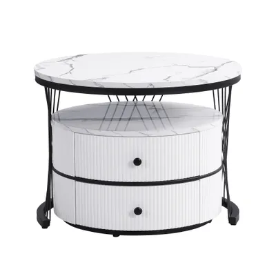 Produktbild von MODFU Couchtisch Wohnzimmertisch 2er Set für Wohnzimmer, Schlafzimmer Balkon, Beistelltisch Satztisch rund mit 2 Schubladen, Schwarz