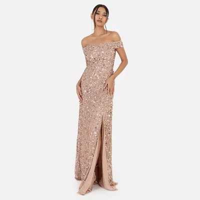 Produktbild von Maya Deluxe Damenmaxikleid mit Schlitz, Trägerlos, im Bardot-Stil und mit Pailettenbesatz