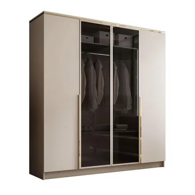Produktbild von Viertüriger Schrank ATRIUM II mit Glasfront, Kaschmir / Kaschmir Mat, Gold Chrom Griffe