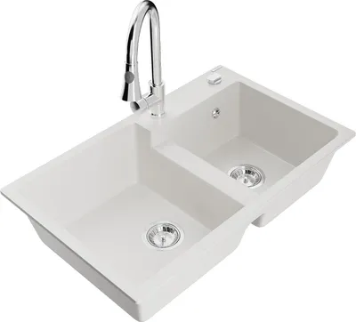 Produktbild von Mexen Tomas 2-Becken-Granitspüle mit Mischbatterie Elia, Weiß - 6516-20-670101-00