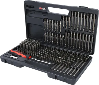 A black plastic case containing a large set of screwdriver bits and sockets, with a red and black screwdriver handle.