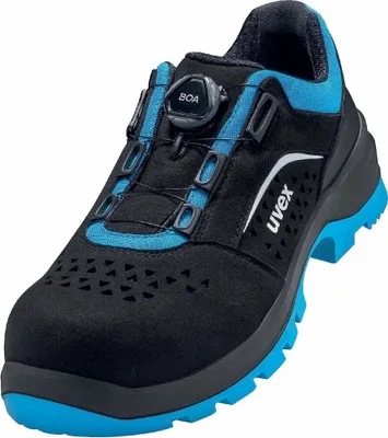 A single black and blue safety shoe is shown against a white background.