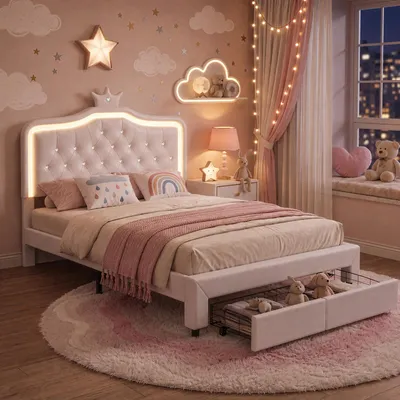 Produktbild von INONEFT Prinzessinnenbett 140x200 cm, Kinderbett Polsterbett mit LED, 2 Schubladen, Mädchenbett mit Höhenverstellbares Kopfteil, Doppelbett, PU, Weiß