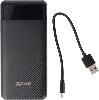 Zdjęcie produktu dla XCell Powerbank X10000 o pojemności 10 000 mAh, smukłej konstrukcji, wyświetlaczu LED, podwójnym wyjściu USB, porcie ładowania USB-C