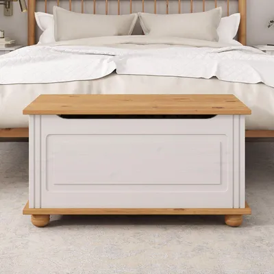Produktbild von Sitztruhe BRISTOL aus Massivholz, Weiß/Braun - Truhe im Landhausstil, vielseitige Sitzbank, Kiste Massivholz mit sicherem Klemmschutz, Truhenbank ideal zur Aufbewahrung