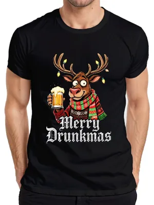 Zdjęcie produktu dla Koszulka męska Merry Drunkmas Reindeer with Beer Christmas Funny Gift Party, czarny, XXL