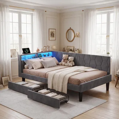 Produktbild von INONEFT Polsterbett Schlafsofa 90x200 cm mit LED und USB, Einzelbetten mit Kopfteil Stauraum und 2 Schubladen, Jugendbett mit Lattenrost, Samt Grau