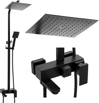 A black shower set with a square rain shower head and a handheld shower head, shown with a close-up of the faucet.