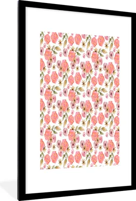 Produktbild von MuchoWow® MuchoWow® Gerahmtes Poster Blumen - Rosa - Muster 60x90 cm - Poster mit zchwarzem Bilderrahmen - Dekoration - Wandposter Wohnzimmer - Hochwertig