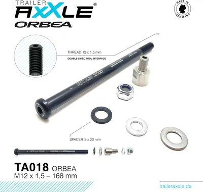 Obrázok produktu pre Os prívesu TA018 Orbea - Os pre detský príves na bicykel : 168 mm : M12x1,5 Dĺžka osi: 168 mm Závit: M12x1,5