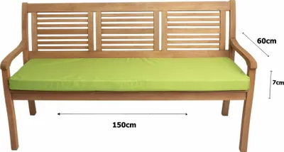 A wooden bench with a green cushion, shown with measurement indicators.