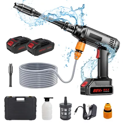 Produktbild von Hochdruckreiniger 400W, Kabelloser Auto Hochdruckreiniger 450 PSI Inkl. 2x Akku, Ladegerät & 3-in-1-Düse für Autos, Garten, Haustiere & Böden
